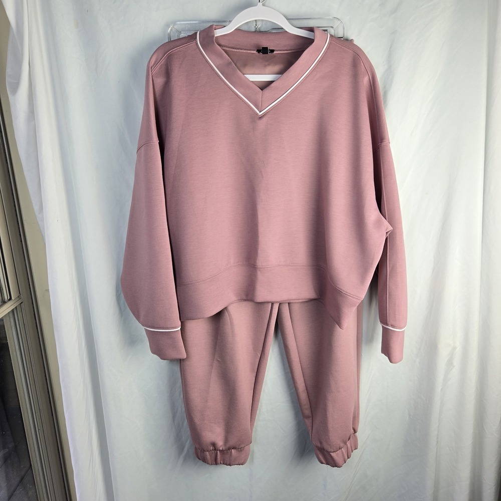 Express Womens Large Pink Sweatsuit V-Neck Pullover Cargo Jogger 2 Piece Set